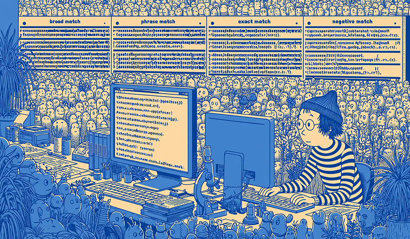 Search specialist working through keyword match types while surrounded by an overwhelming crowd of search queries, illustrating the importance of broad match, phrase match, exact match, and negative keywords in campaign targeting.