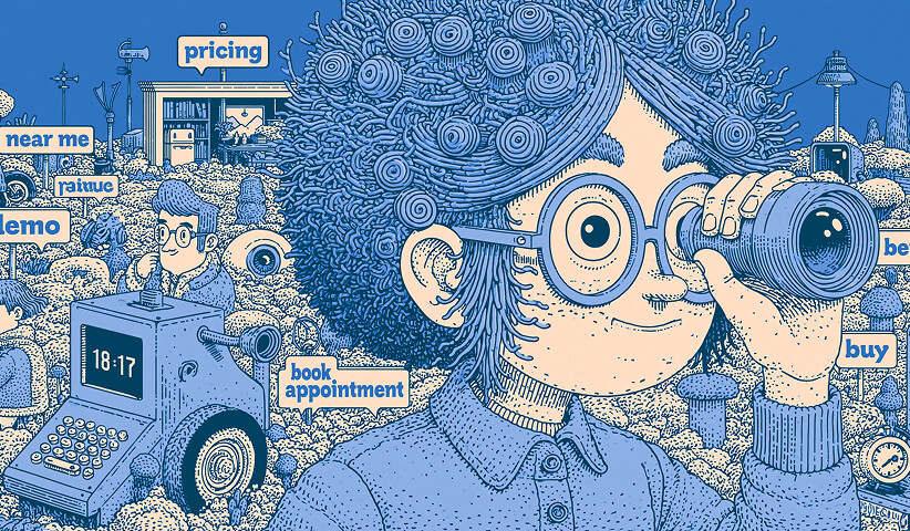 Person scanning a landscape filled with local search signals and commercial intent, symbolizing keyword discovery, competitor research, local SEO integration, and identifying valuable search opportunities.
