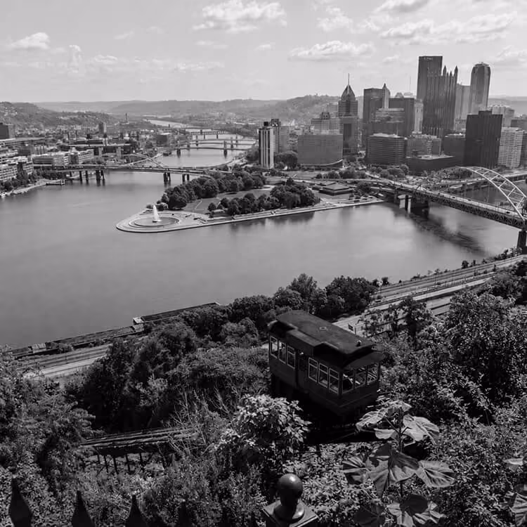 Aerial view of downtown Pittsburgh, Point State Park, and the confluence of the city’s three rivers.