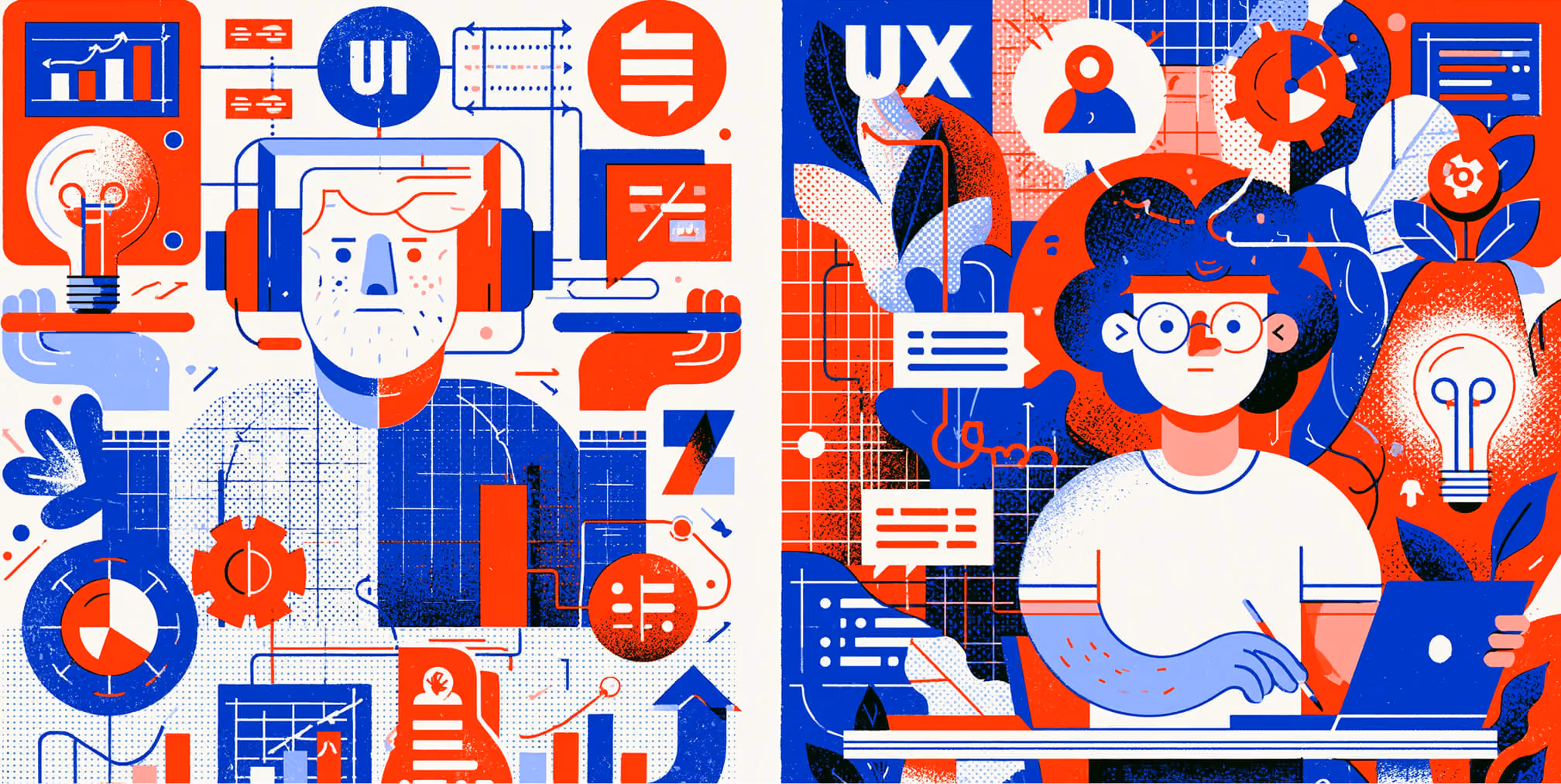 Split-screen illustration contrasting a Product Designer and a UX Designer, surrounded by interface elements, user flows, analytics, prototypes, and collaboration tools to highlight their overlapping skills and distinct responsibilities throughout the product development process.