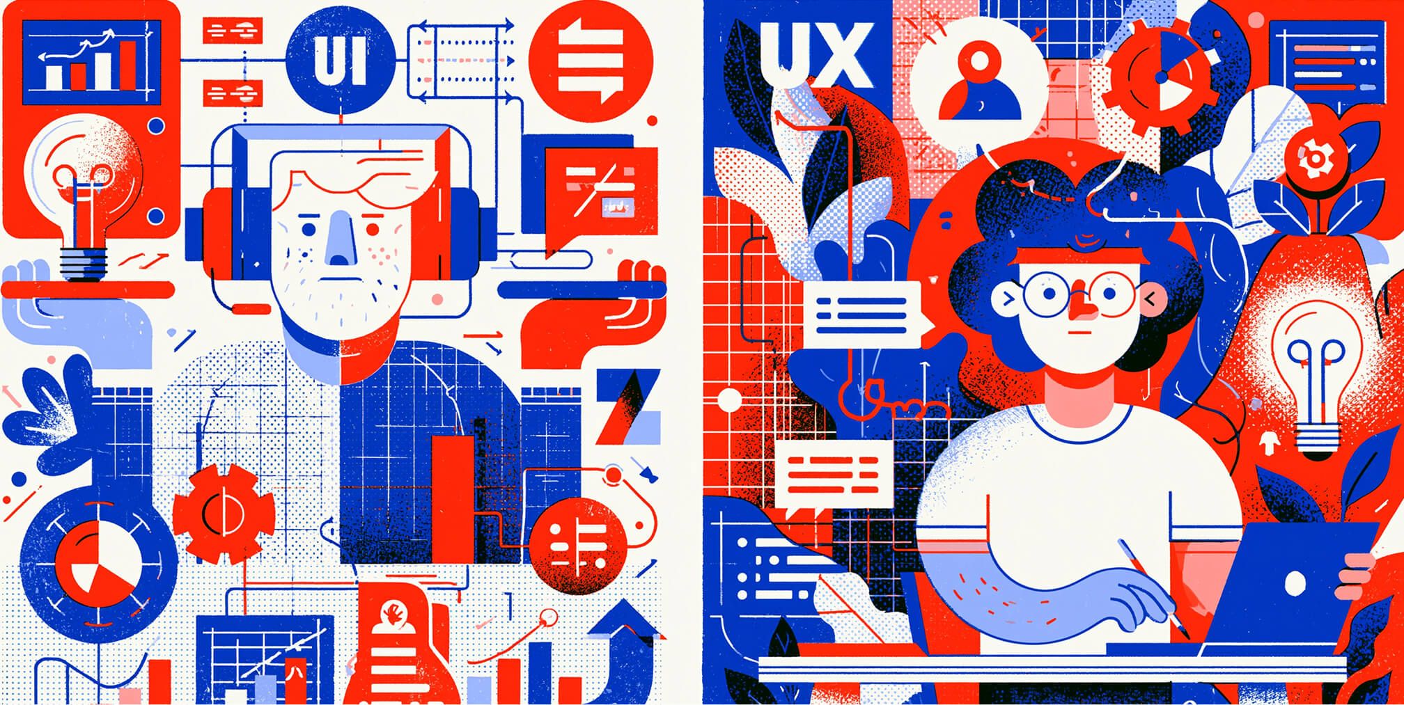 Split-screen illustration contrasting a Product Designer and a UX Designer, surrounded by interface elements, user flows, analytics, prototypes, and collaboration tools to highlight their overlapping skills and distinct responsibilities throughout the product development process.