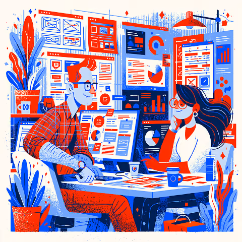 Product Designer presenting interface concepts while collaborating with a teammate, illustrating the balance between user needs, visual design, product strategy, and iterative design decisions.
