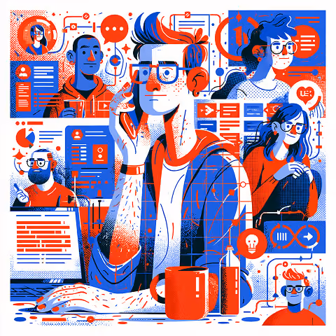 UX Designer surrounded by user profiles, research findings, feedback, and communication channels, representing the process of gathering insights, conducting user research, and designing experiences based on real user behavior.