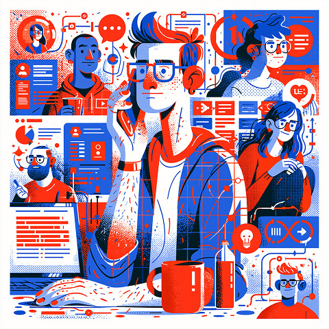 UX Designer surrounded by user profiles, research findings, feedback, and communication channels, representing the process of gathering insights, conducting user research, and designing experiences based on real user behavior.