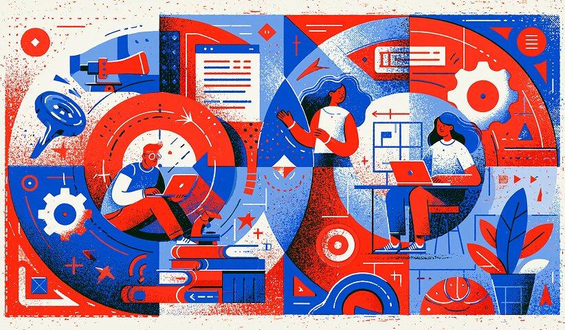 Side-by-side illustration of two designers approaching different stages of the design process, highlighting how UX Designers focus on user journeys while Product Designers connect research, usability, business goals, and product execution.
