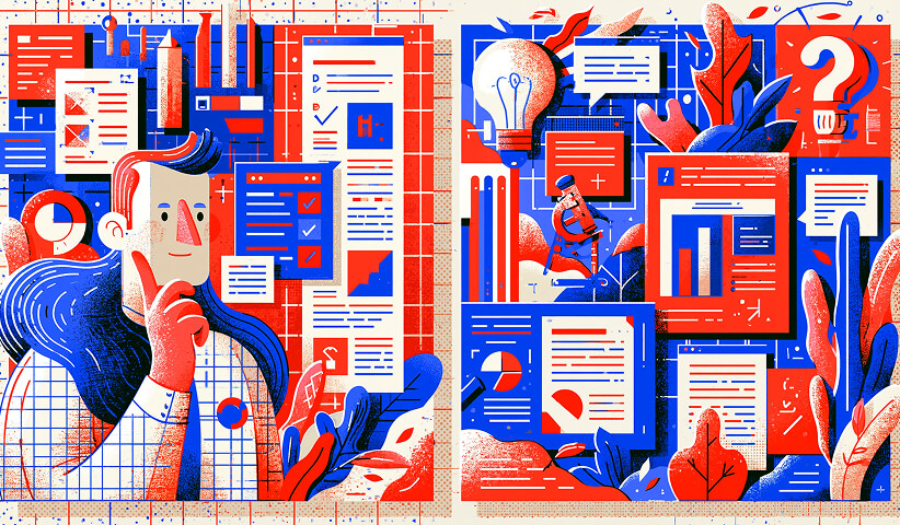 Comparison between structured design thinking and interface execution, illustrating the relationship between research, wireframes, usability testing, visual design, and product development.