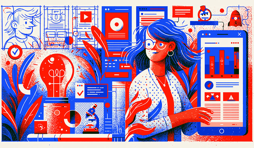 Product professional reviewing interface prototypes across multiple devices while surrounded by design systems, charts, and creative tools, representing the blend of design execution, testing, and product optimization.