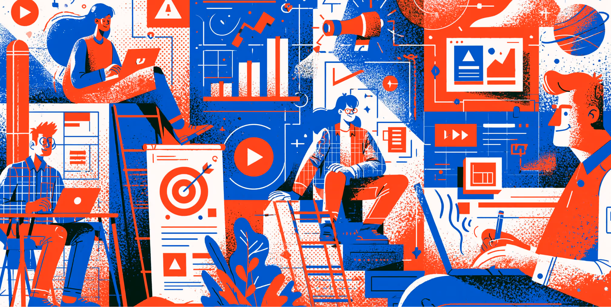 Creative team collaborating around digital content, product interfaces, analytics, and marketing assets, representing how Product Designers work beyond UI by aligning user experience with business strategy and product growth.