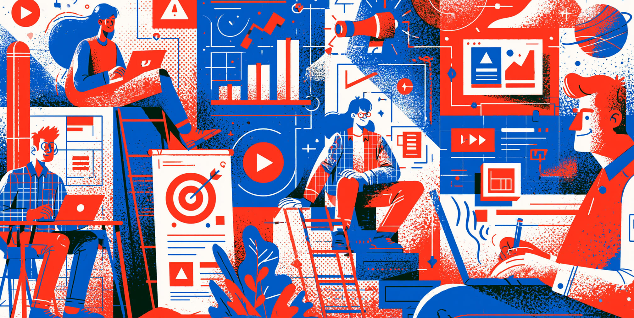 Creative team collaborating around digital content, product interfaces, analytics, and marketing assets, representing how Product Designers work beyond UI by aligning user experience with business strategy and product growth.