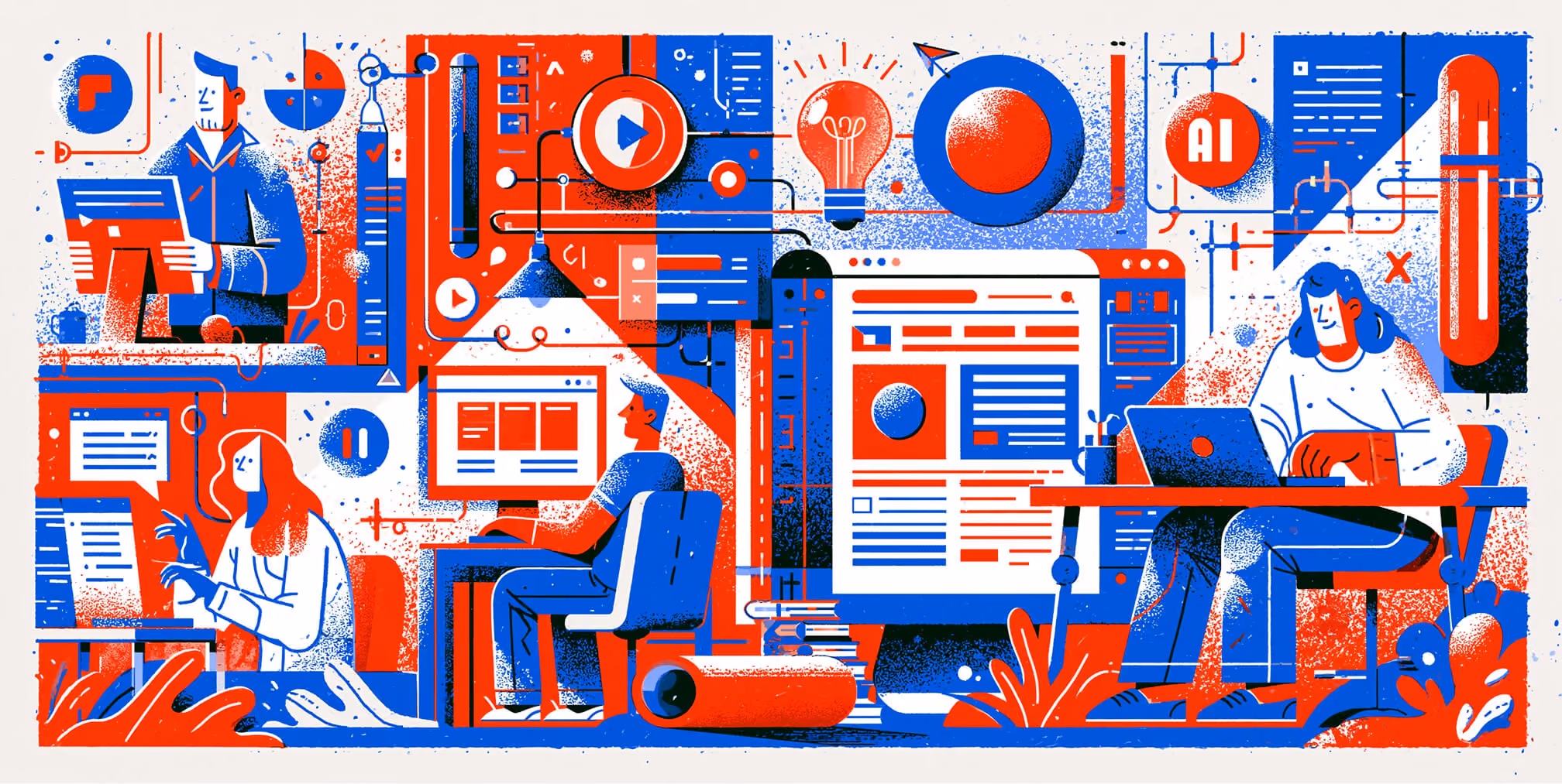 Modern digital workspace where designers create, test, and refine interfaces using AI-assisted tools, design systems, and collaborative software, illustrating the evolving future of Product Design and UX Design careers.