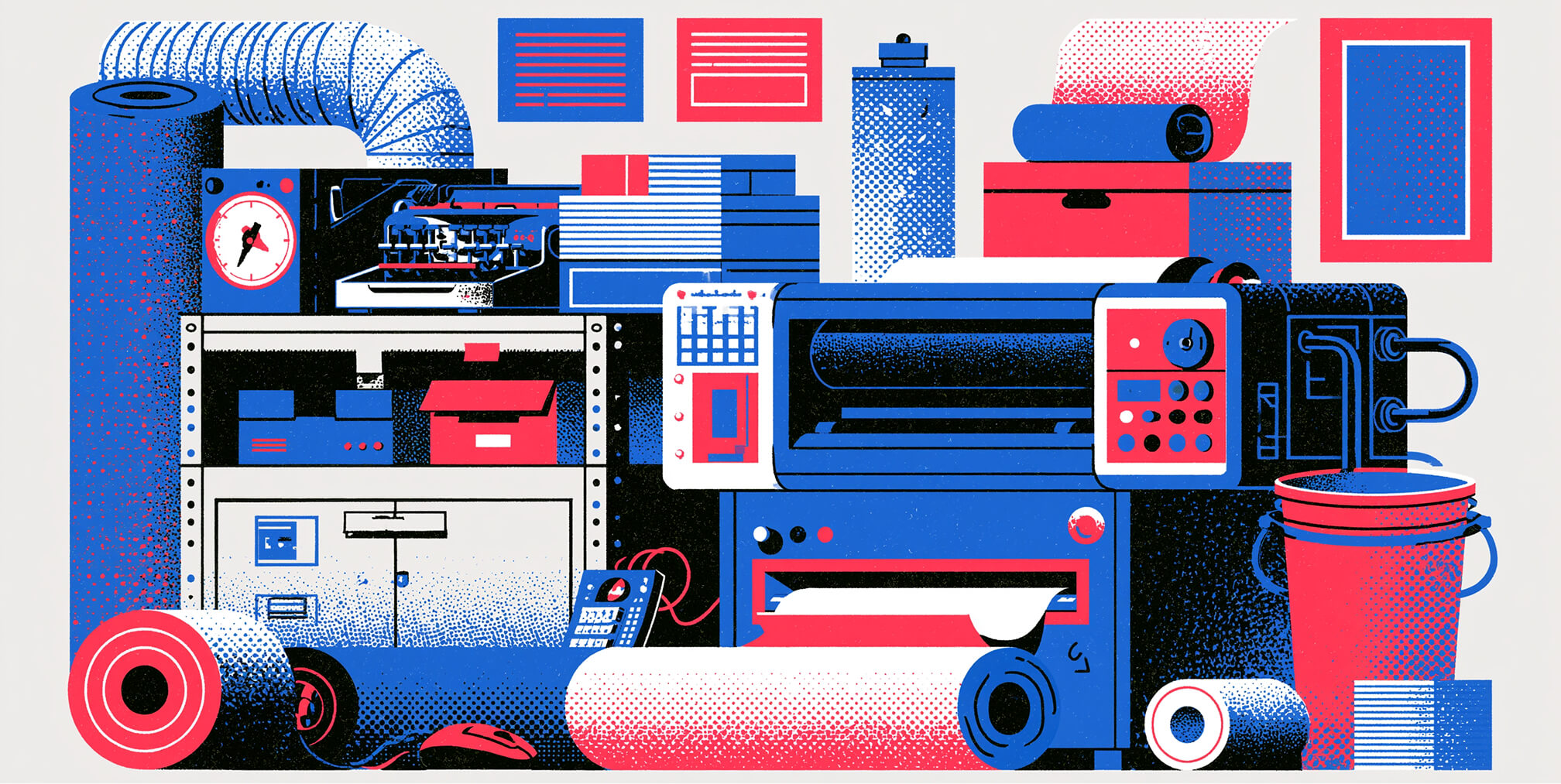 Wide-format illustration of a professional print production studio featuring large-format printers, print materials, color samples, vinyl rolls, and finishing equipment, representing Graphic North's full-service commercial printing capabilities.