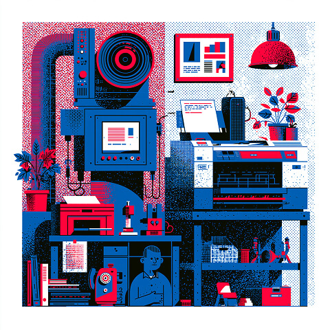 Modern print shop with industrial printing equipment and organized production workspace, illustrating high-quality commercial printing backed by advanced technology and precision manufacturing.