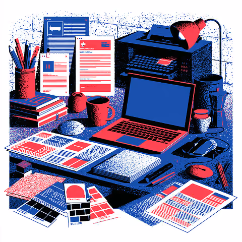 Designer's workstation with print layouts, Pantone color swatches, brochures, and production proofs, representing the creative planning and prepress process before professional printing begins.