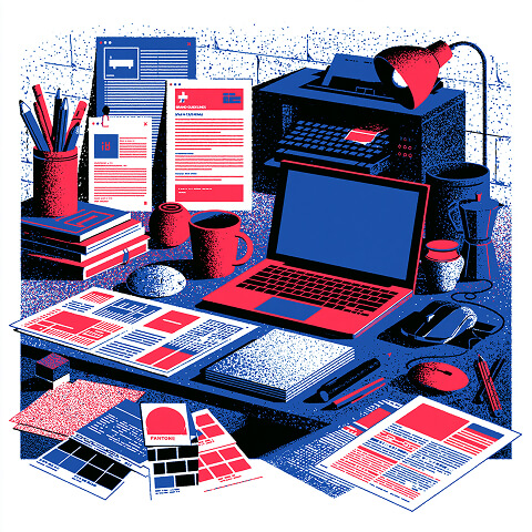 Designer's workstation with print layouts, Pantone color swatches, brochures, and production proofs, representing the creative planning and prepress process before professional printing begins.