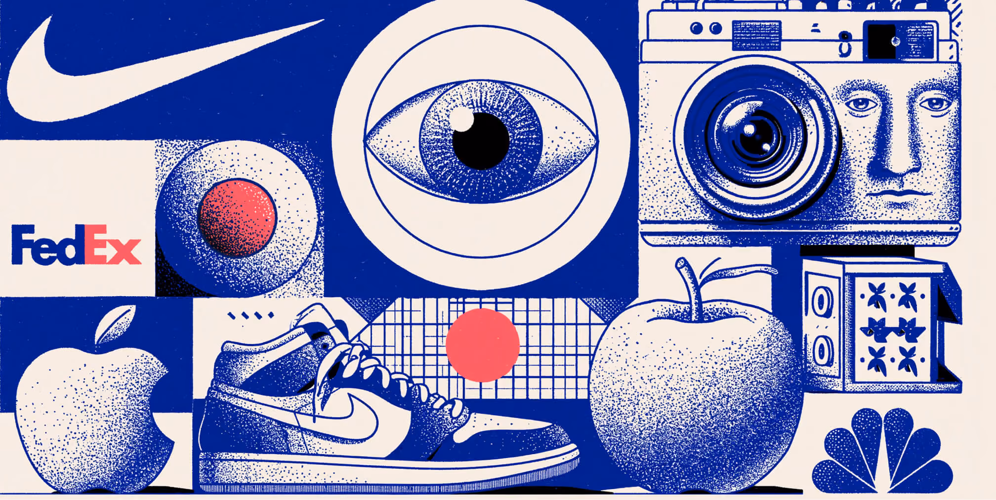 Illustration featuring iconic global brand logos and recognizable visual identities, representing how the world's best logo design companies create memorable brands through simplicity, symbolism, and consistent visual systems.