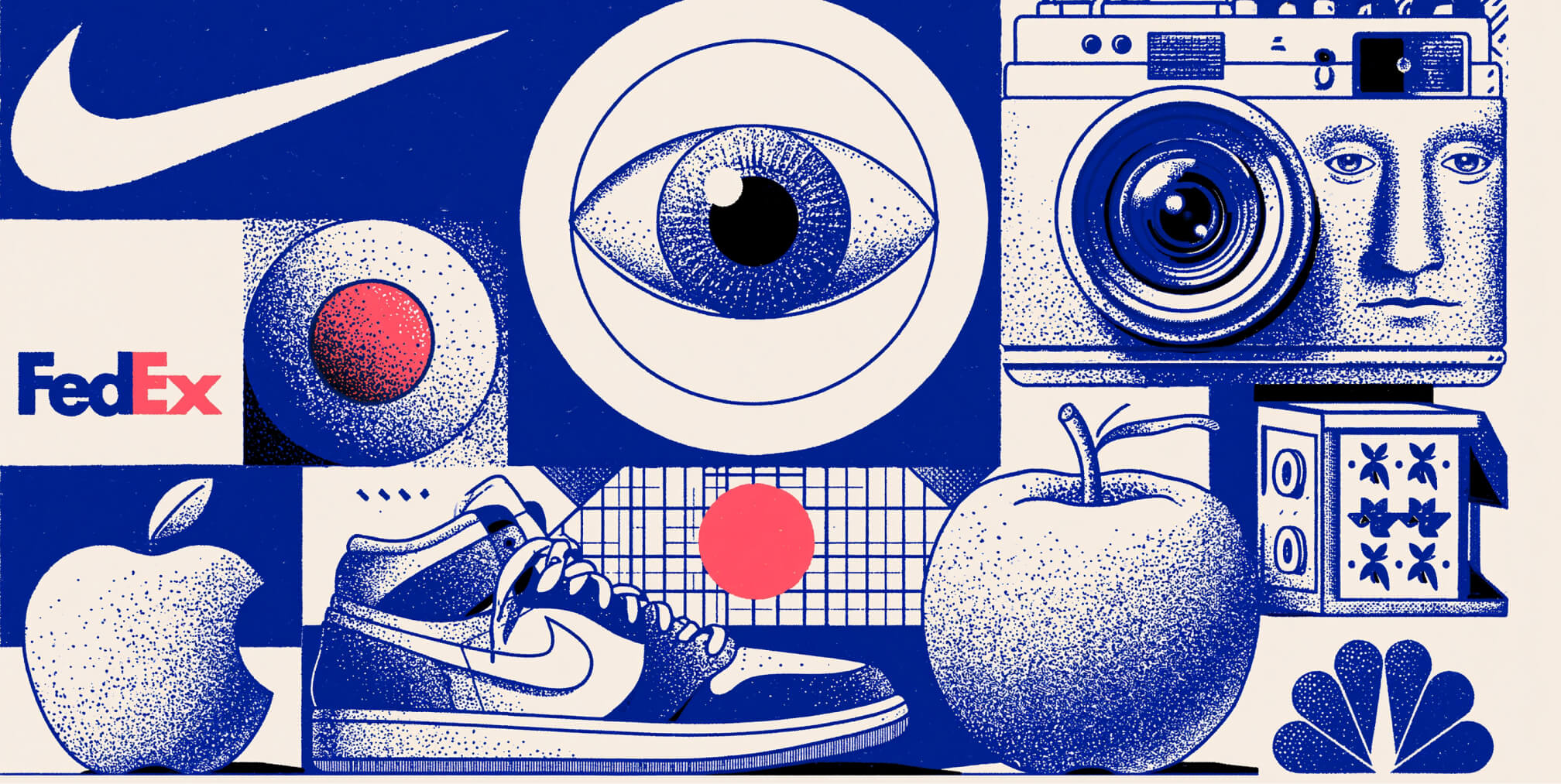 Illustration featuring iconic global brand logos and recognizable visual identities, representing how the world's best logo design companies create memorable brands through simplicity, symbolism, and consistent visual systems.