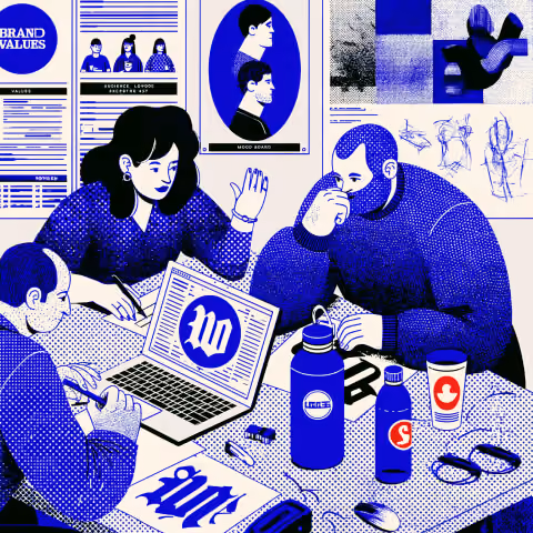 Creative branding team collaborating around mood boards, typography, and visual identity concepts, illustrating the strategic research and creative process behind successful logo design.