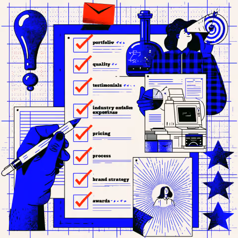 Branding checklist featuring portfolio review, testimonials, industry experience, pricing, process, and strategy, illustrating the key factors businesses should evaluate when choosing a professional logo design company.