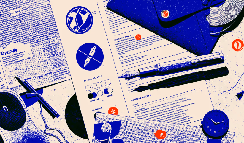 Close-up of brand guidelines, typography, logo specifications, color palettes, and stationery layouts, representing how professional logo design extends into a complete visual identity system.