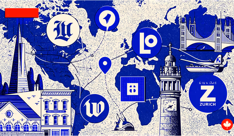 World map connecting major cities through branding and design icons, illustrating how leading logo design companies serve clients across international markets with consistent global brand identities.