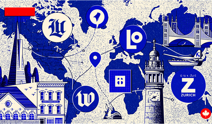 World map connecting major cities through branding and design icons, illustrating how leading logo design companies serve clients across international markets with consistent global brand identities.