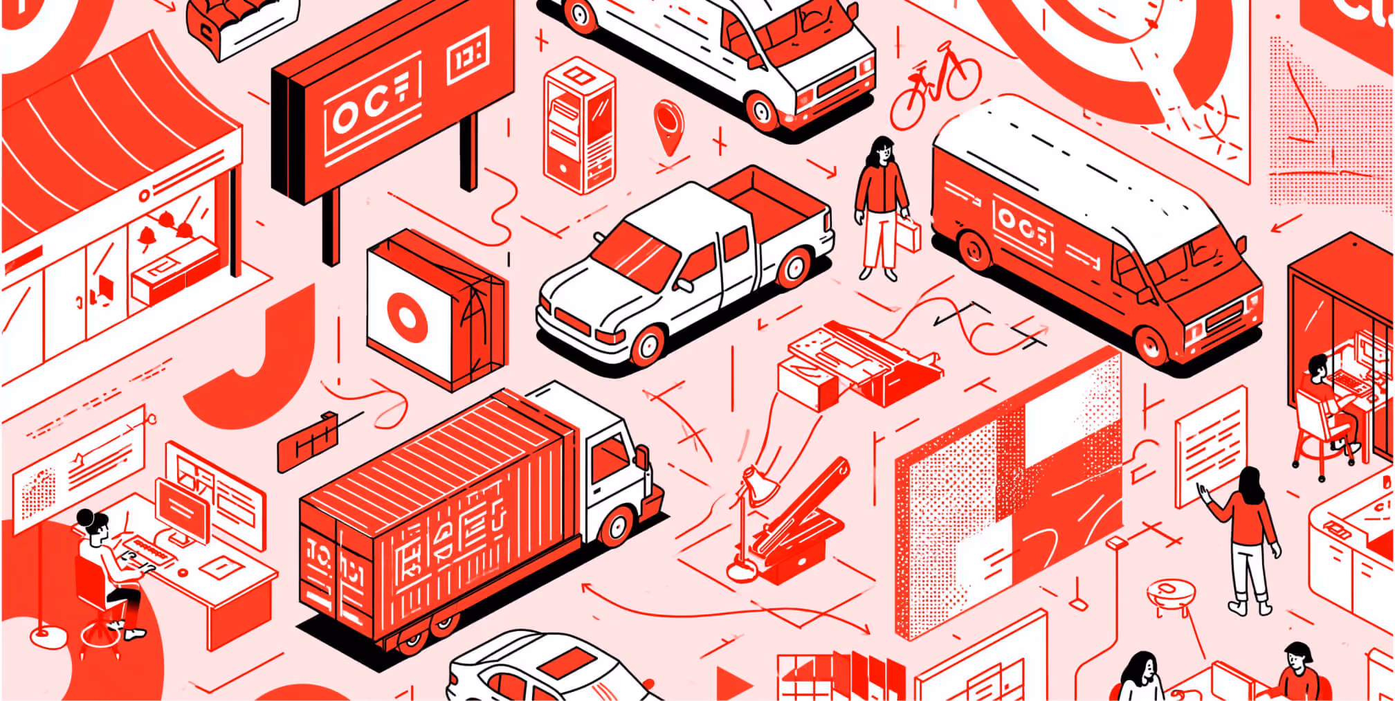 Isometric illustration of branded vehicles, signage, packaging, retail spaces, print production, and creative workspaces, representing how corporate graphics create a consistent visual identity across every business touchpoint.