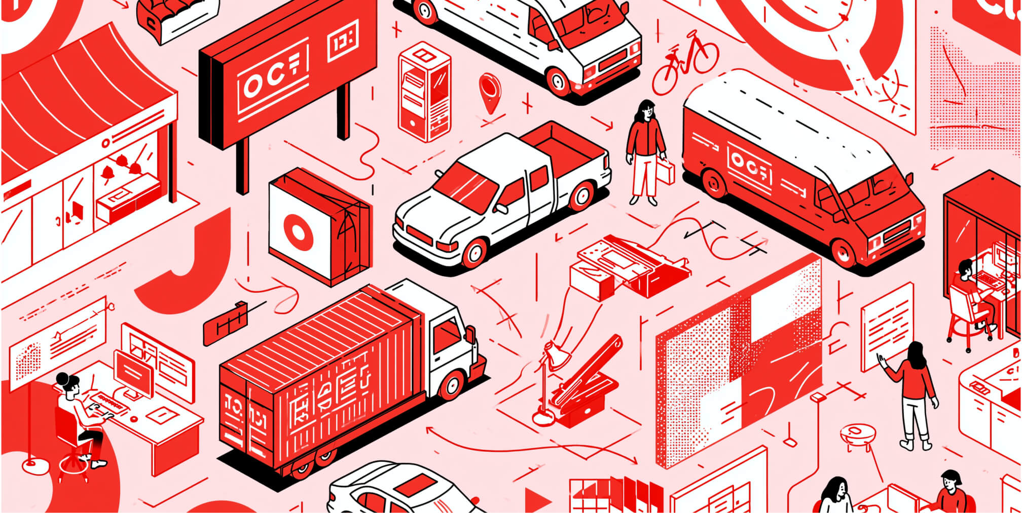 Isometric illustration of branded vehicles, signage, packaging, retail spaces, print production, and creative workspaces, representing how corporate graphics create a consistent visual identity across every business touchpoint.