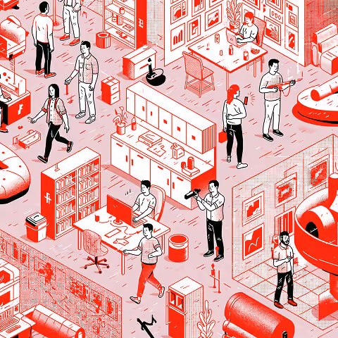Creative workplace with designers, marketers, and production specialists collaborating across multiple departments, representing the teamwork required to develop cohesive corporate graphic systems.