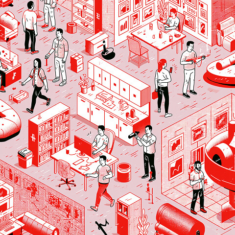 Creative workplace with designers, marketers, and production specialists collaborating across multiple departments, representing the teamwork required to develop cohesive corporate graphic systems.