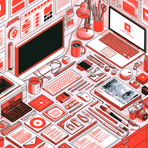 Organized designer workspace featuring branding tools, digital devices, print samples, photography equipment, and creative materials, illustrating the process of developing professional corporate graphics.