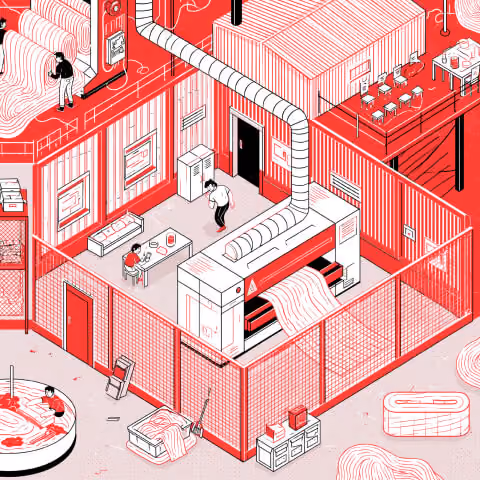 Modern production facility with industrial printing equipment and manufacturing processes, illustrating how corporate graphics move from concept to large-scale production and installation.