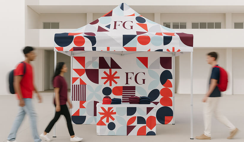Custom event booth featuring branded graphics, signage, and promotional materials, illustrating how corporate graphics create memorable experiences at trade shows, conferences, and public events.
