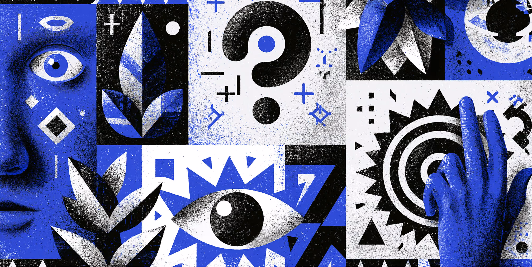 Abstract collage of geometric forms, eyes, plants, hands, and symbols representing creativity, visual perception, and the strategic thinking behind memorable logo design.