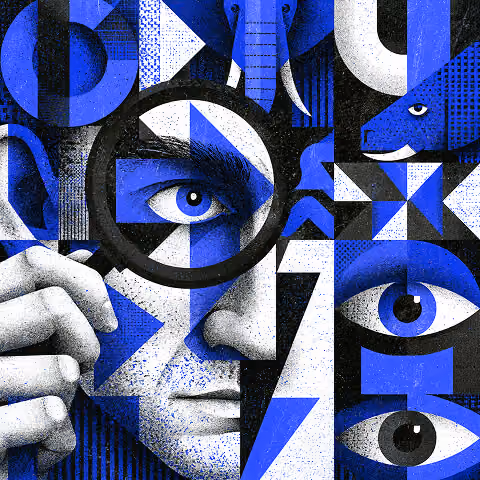 Stylized illustration of a face viewed through a magnifying glass with geometric patterns and symbolic elements, representing the process of analyzing logos for hidden meanings, symbolism, and visual impact.