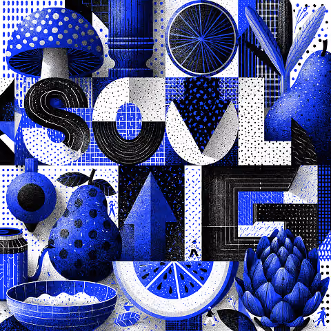 Abstract composition of geometric shapes, fruit, natural elements, and typography illustrating how successful logos simplify complex ideas into recognizable and memorable visual identities.