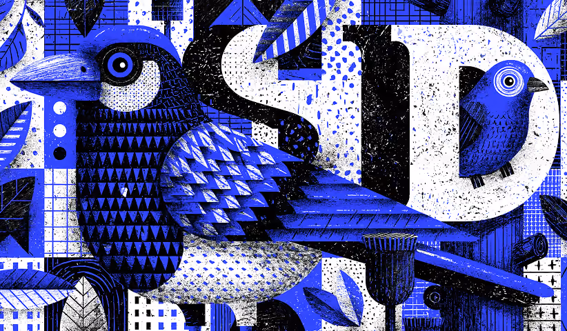 Detailed illustration of stylized birds integrated with typography and geometric patterns, demonstrating how animal-inspired logos combine symbolism, form, and negative space to strengthen brand identity.