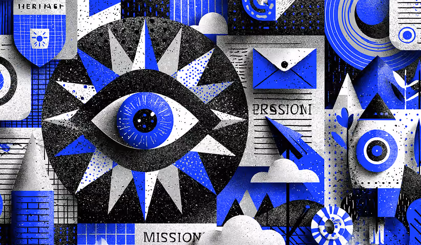 Editorial-style collage featuring an eye, envelope, paper airplane, and abstract design elements, representing how clever logos communicate brand values through symbolism and visual storytelling.