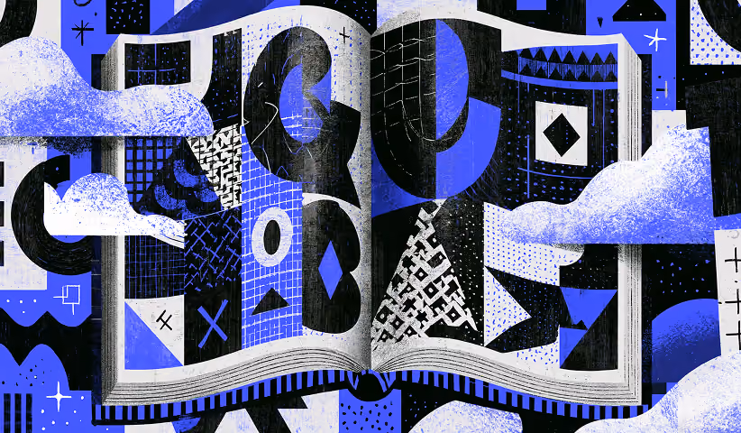 Open illustrated book filled with abstract shapes and visual narratives, symbolizing the creative process behind developing meaningful logos and distinctive brand identities.