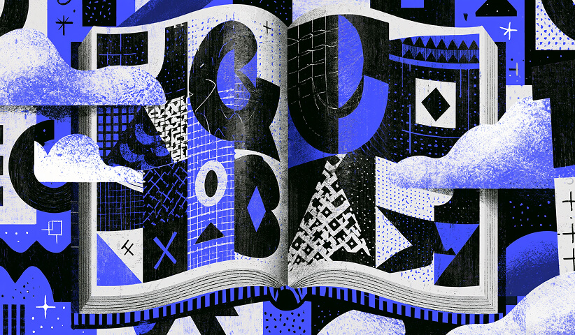 Open illustrated book filled with abstract shapes and visual narratives, symbolizing the creative process behind developing meaningful logos and distinctive brand identities.