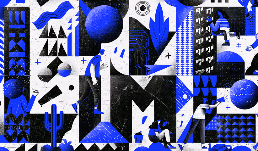 Conceptual collage of people, geometric graphics, and abstract landscapes illustrating how memorable logos connect creativity, human experiences, and strong visual communication.