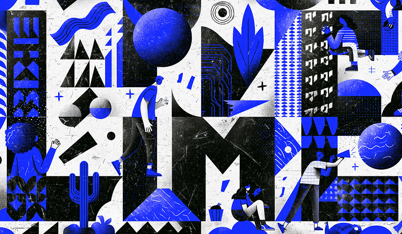 Conceptual collage of people, geometric graphics, and abstract landscapes illustrating how memorable logos connect creativity, human experiences, and strong visual communication.