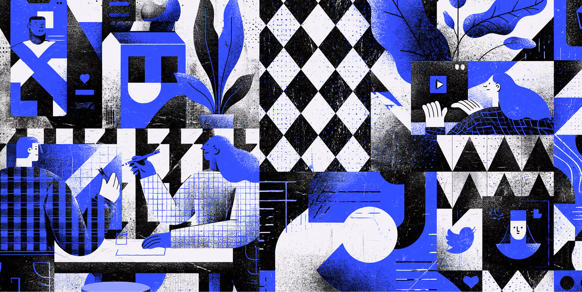 Abstract composition featuring digital interfaces, creative workspaces, social media icons, and geometric patterns, representing how clever logo design adapts consistently across digital platforms and modern brand experiences.