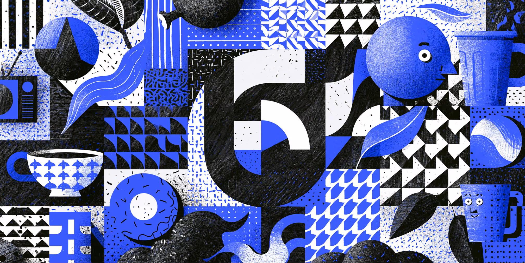 Bold geometric collage with typography, abstract shapes, patterns, and everyday objects, illustrating how the world's most clever logos combine simplicity, symbolism, and strong visual composition to create lasting brand recognition.