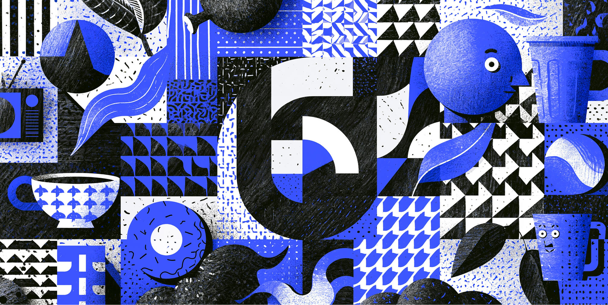 Bold geometric collage with typography, abstract shapes, patterns, and everyday objects, illustrating how the world's most clever logos combine simplicity, symbolism, and strong visual composition to create lasting brand recognition.