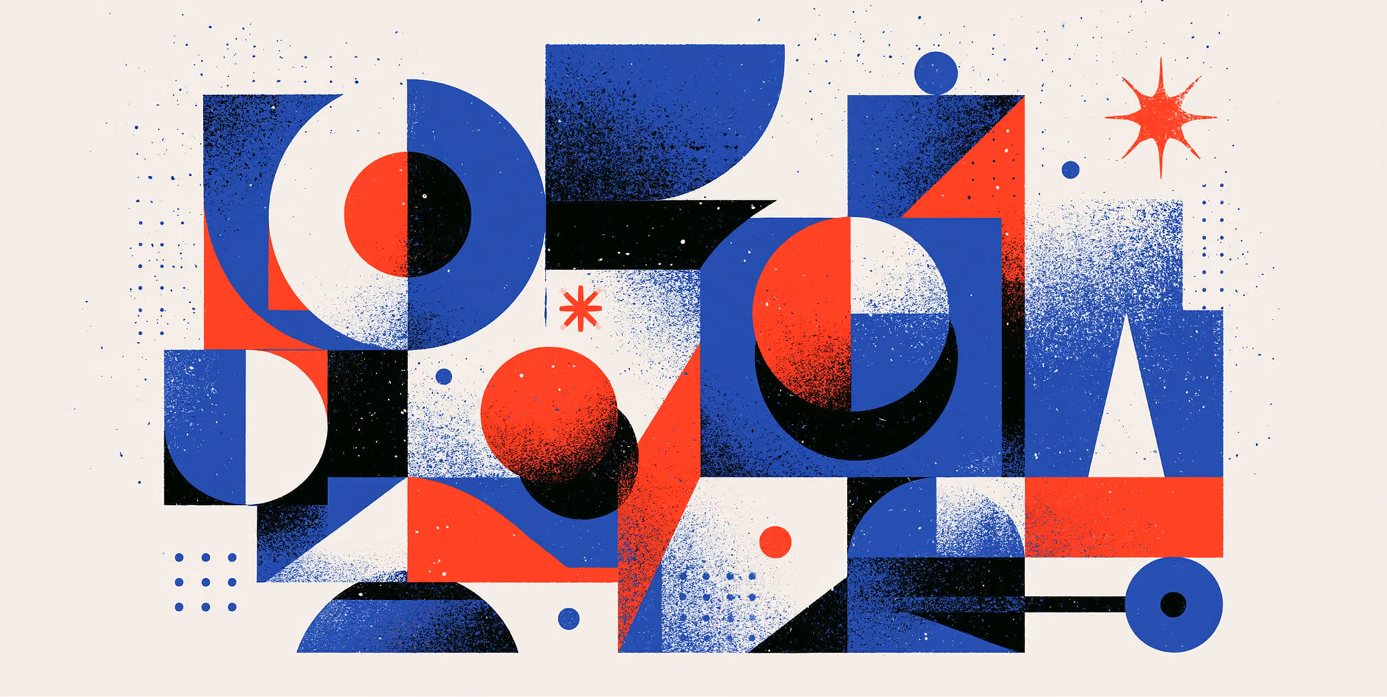 Abstract geometric composition built from circles, rectangles, and bold color blocks, illustrating how logo concepts evolve from simple shapes into distinctive, memorable brand identities.