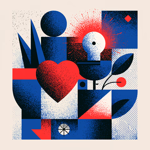 Modern collage combining geometric forms, a heart, leaves, and abstract symbols, representing how strong logo concepts communicate emotion, purpose, and brand personality through simple visual elements.