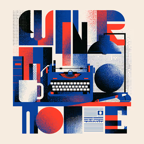 Creative workspace featuring typography, a typewriter, and graphic shapes, illustrating the early concept development process where ideas, typography, and visual exploration shape successful logo identities.