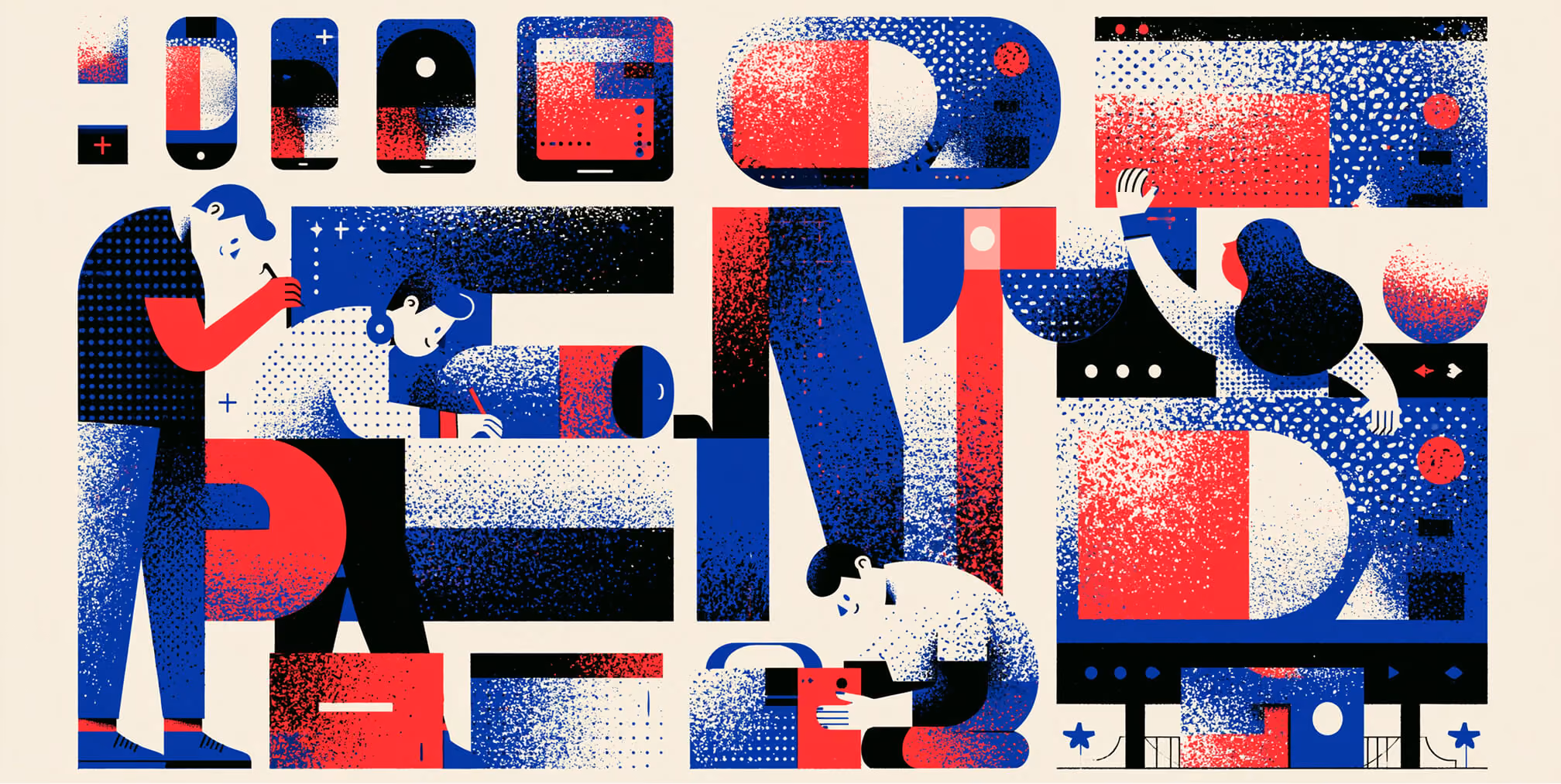 Collaborative illustration of designers sketching, prototyping, and refining visual concepts, representing the creative process of transforming research and ideas into polished logo designs.