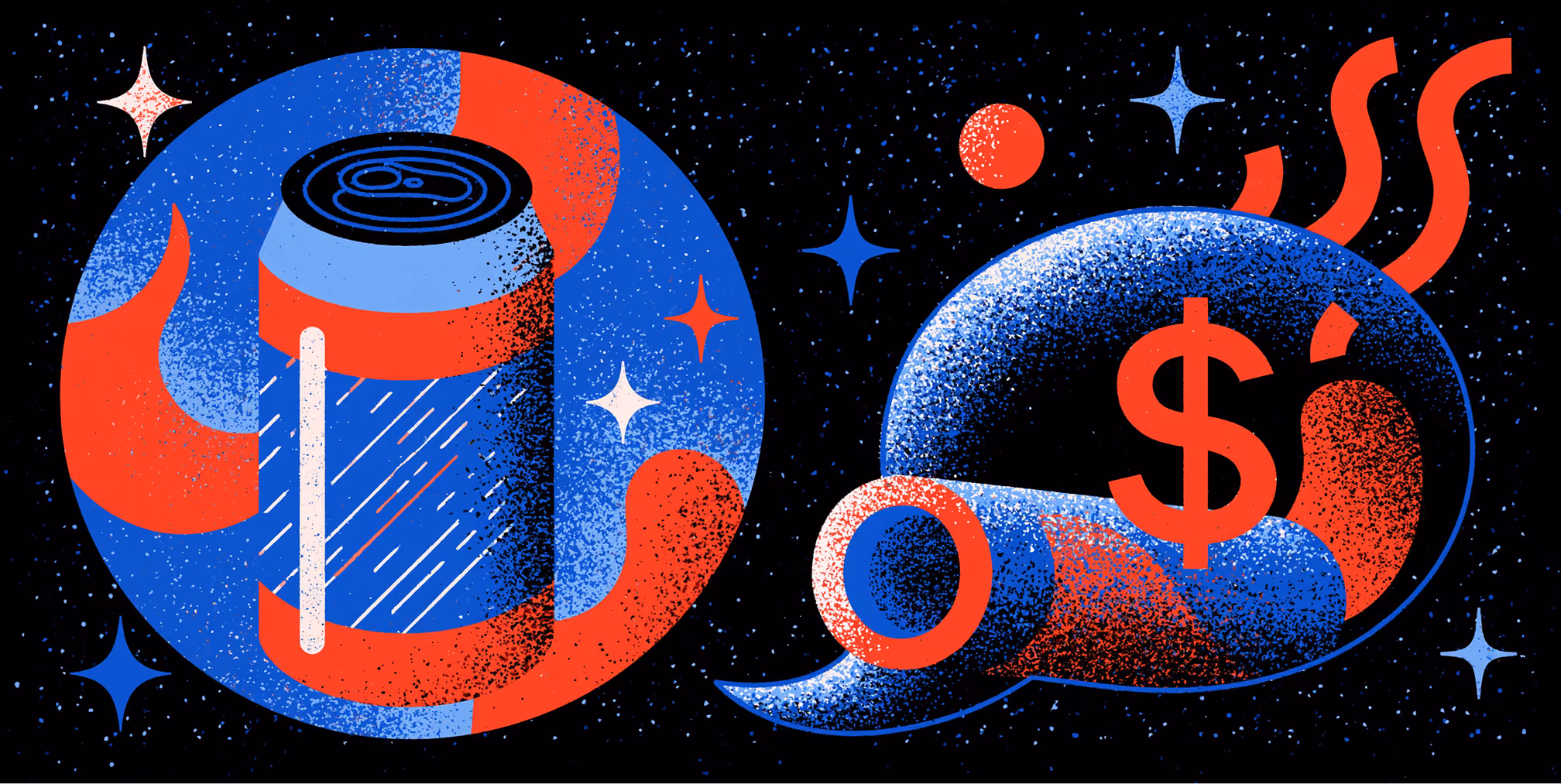 Abstract illustration of beverage cans and price symbols representing the balance between packaging production costs, material selection, and strategic packaging design investment.