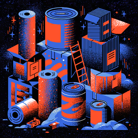 Stacked packaging materials, shipping boxes, and beverage cans illustrating the production assets, packaging formats, and manufacturing considerations that influence packaging design pricing.